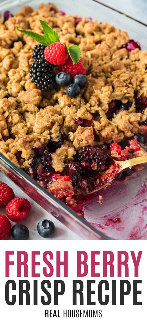 Fresh Berry Crisp is a beautiful and easy-to-make dessert bursting with fresh raspberries, blackberries, blueberries, and sweet oat topping! #Realhousemoms #freshberry #berrycrisp #raspberries #blackberries #blueberries #oats #dessert #potluck #summertime #memorialday #4thofjuly Berry Crisp With Fresh Berries, Blueberry Raspberry Crisp, Triple Berry Cobbler With Frozen Berries, Fresh Berry Dessert Recipes, Raspberry And Blackberry Recipes, Recipes Using Fresh Blackberries, Easy Blackberry Dessert, Blackberries Recipes Easy, Raspberry And Blueberry Recipes