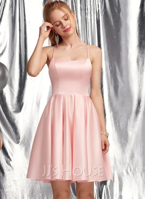 A-Line Square Short/Mini Satin Homecoming Dress (022236557) - JJ's House Short Prom Dresses For Teens Simple, Grad Dresses Year 6, Short Grade 8 Grad Dresses, What Dress To Wear Body Types, Year 6 Formal Dresses, Knee Length Hoco Dresses, Conformation Outfit, 7th Grade Dance Dresses Middle School, Pink Sweet 16 Dresses Short