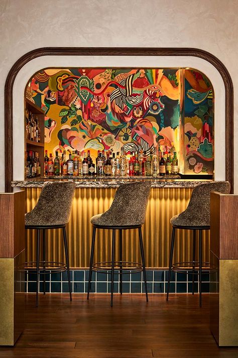 Eclectic Mexican Interior, Maximalist Decor Restaurant, Eclectic Restaurant Interior, 70s Restaurant Design, Eclectic Restaurant Design, 70s Bar Aesthetic, Maximalist Bar, Funky Restaurant, Eclectic Restaurant