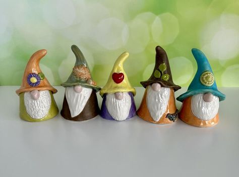 Our Small Gnomes, as cute as a bugs ear! Made with Porcelain Clay Clay Fairy Figurines, Small Gnomes, Clay Garden Gnomes, Clay Gnomes Diy, Diy Clay Gnomes, Clay Fairy Garden, Clay Ideas To Sell, Gnome Clay, Air Dry Clay Gnomes