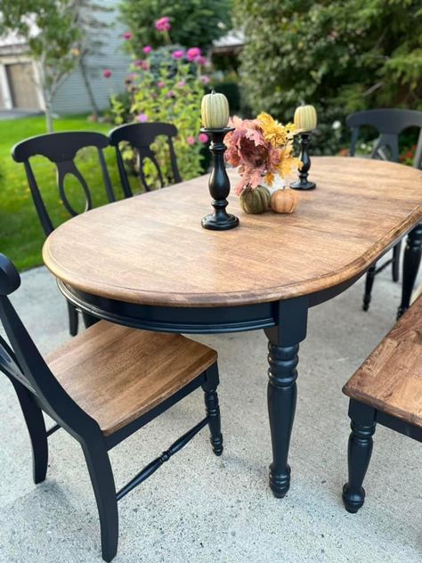 Kitchen Table Black And Wood, Upcycled Wooden Dining Table, Round Dining Table Refurbish Ideas, Refinished Circle Kitchen Table, Refinishing Dining Room Table And Chairs Wood, Light Wood With Black Accents, Diy Paint Dining Room Table, Upcycled Farmhouse Table, Refinished Kitchen Table Black And Wood