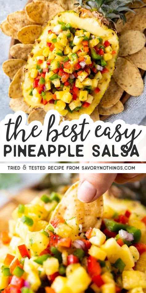 This easy Pineapple Salsa is the perfect heathy dip for chips, or serve it as a topping for grilled chicken or fish. A quick and easy homemade recipe you can bring to all your summer potlucks, bbq parties and football Sunday gatherings. | #recipes #easyrecipe #healthyrecipes #healthyeating #healthyfood #healthysnacks #salsa #pineapple #appetizers #footballfood #gamedayfood Pineapple Appetizers, Dip For Chips, Pineapple Salsa Recipe, Bbq Parties, Pineapple Recipes, Pineapple Salsa, Football Sunday, Easy Homemade Recipes, Homemade Recipe