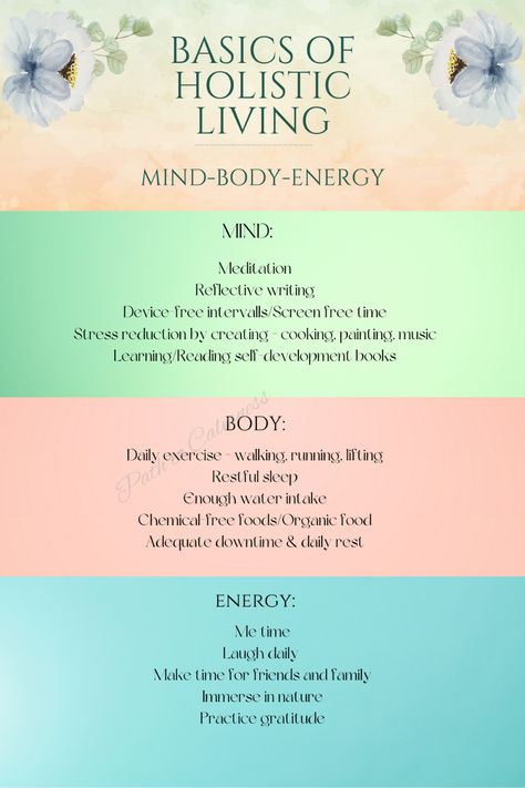 How to heal your body, mind, and spirit on a daily basis with this holistic wellness cheat sheet! Pin to easily be reminded about the basic foundational elements of a healthy holistic lifestyle. Mind And Body Wellness, Holistic Health And Wellness, Holistic Lifestyle For Beginners, Holistic Lifestyle Aesthetic, Holistic Health Aesthetic, Holistic Wellness Aesthetic, Holistic Spirituality, Spiritual Mindset, Healthy Body And Mind