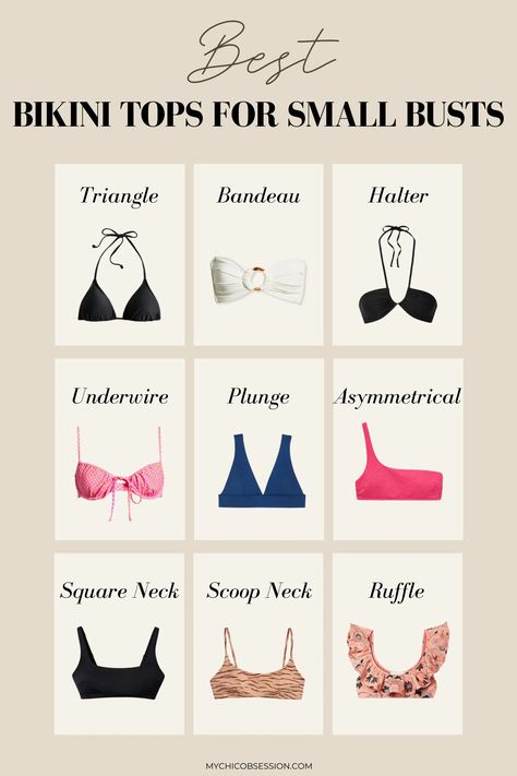 Wondering what the best bikini tops for small busts are? This guide will provide recommendations that will have you feeling your best! Different Swimsuit Types, Types Of Bikinis Style, Swimwear For Small Breast, Best Tops For Small Bust, Best Swimsuits For Small Bust, Swimsuit Small Bust, Best Bikinis For Small Bust, Summer Bikinis Outfits, Swimsuit Top Outfit