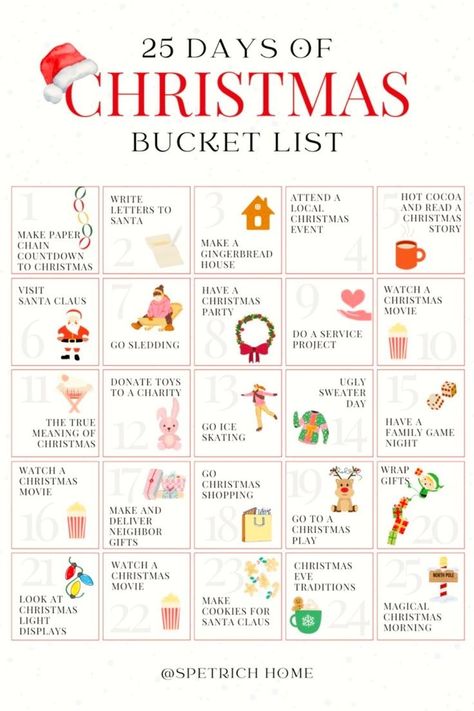 Make the most of the festive season with this 25 Days of Christmas Bucket List for Families! With ideas for kids, couples, and friends, this printable activity list will make your holiday season truly special. Get it now! Christmas Bucket List Best Friends, 25 Days Of Christmas Bucket List, Couple Christmas Bucket List, Christmas Season To Do List, 25 Christmas Activities For Kids, Aesthetic Christmas Bucket List, Kids Winter Bucket List, Christmas Activities For Best Friends, 30 Days Of Christmas Activities