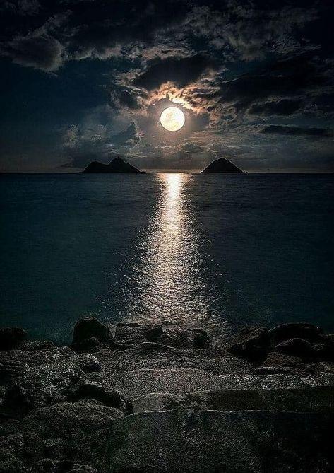 “Good night moon, shine on. Moon over Oahu in Hawaii The moon, along with the ocean waves, brings some calm and peace ” Full Moon Pictures, Full Moon Photography, Moon Sea, Night Sky Moon, Ocean At Night, Night Sky Photography, Moon Images, Moon Photos, Sky Moon