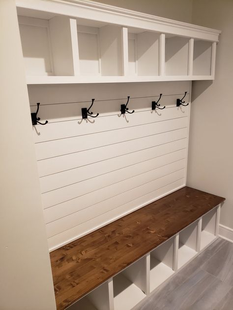 Black And White Drop Zone, Mudroom Bench Shiplap, Laundry And Entry Room Ideas, Back Hall Closet Ideas, Small Mud Room Cubby Ideas, Entry Mudroom Ideas Farmhouse, Hall Closet Mudroom Makeover, Shiplap Backpack Wall, Entryway Cubbies With Bench Diy