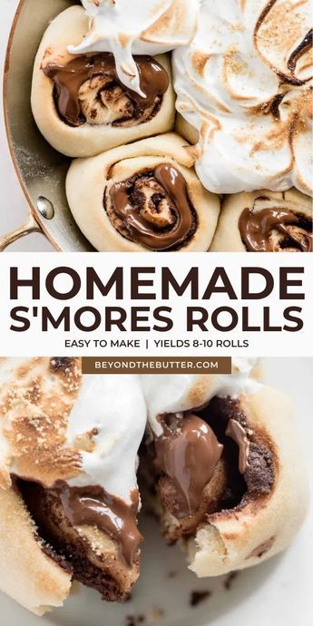 Quick and easy homemade s'mores rolls that combine a soft and fluffy dough filled with a layer of chocolate ganache and crushed graham cracker crumbs, then topped with a light marshmallow topping! From start to finish, these warm, gooey rolls will be ready in less than an hour! Recipe on BeyondtheButter.com #breakfastrolls #smores #smoresrolls #beyondthebutter Marshmallow Roll, S’mores Chocolate Rolls, Smores Recipes, Chocolate Rolls, Marshmallow Meringue, Marshmallow Topping, Quick Baking, Smore Recipes, Marshmallow Frosting