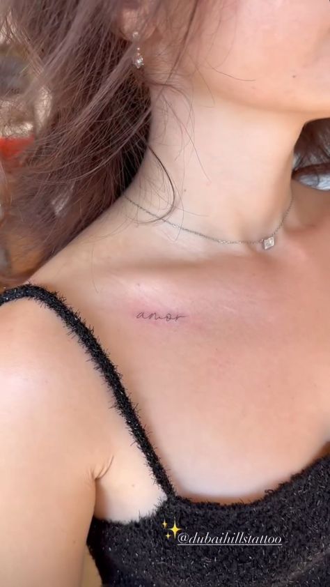 Tattoo In Clavicle, Handwriting Tattoo Collar Bone, Tattoos On Collarbone For Women, One Word Collar Bone Tattoo, Word On Collar Bone Tattoo, Collar Bone Tattoo For Women Minimalist, Dainty Tattoos On Collar Bone, 444 Tattoo On Collarbone, Minimalist Tattoo Collarbone