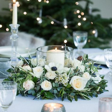 white and green wedding centerpiece #weddings #wedding #weddingideas #himisspuff #greenweddings Green Wedding Centerpieces, Winter Table Decorations, Candles And Flowers, Greenery Wedding Centerpieces, Wedding Candles Table, Winter Floral Arrangements, Candles Flowers, Candle Table Decorations, Table Centerpiece Decorations