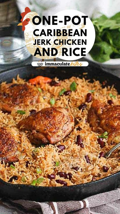 Baked Boneless Skinless Chicken Thighs, Jamaican Rice And Peas Recipe, Girlfriend Flowers, Rice And Peas Recipe, Jamaican Rice And Peas, Jerk Chicken And Rice, Jamaican Rice, Jerk Chicken Recipe, Recipes Skillet