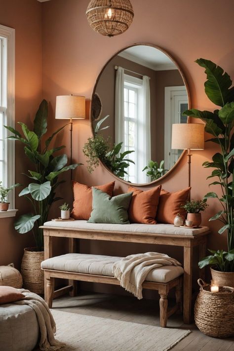 Home Decor Terracotta, Green Sofa Terracotta Walls, Terracotta House Interior, Seating In Bedroom Ideas, Terracotta Room Ideas, Salon Wall Colors Ideas, Terracotta Living Room Ideas, Main Wall Decor Living Room, Terracotta Living Room Decor