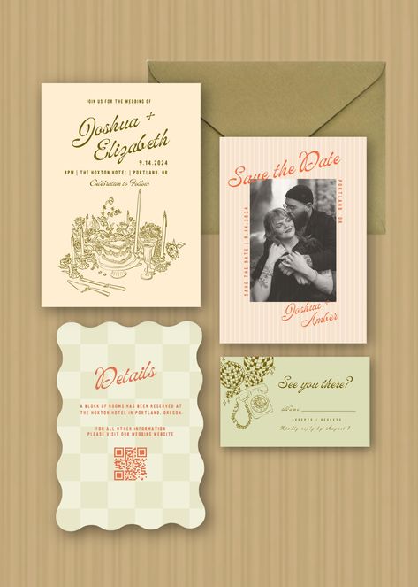 This hand illustrated, Retro wedding invitation bundle is  easily customizable so you can make sure your invitations, RSVP's, details and response cards, and even envelopes are cohesive and communicate your style in the way you want.  This is a hand drawn digital template that can be modified on CANVA. Digital templates are cost-effective and easy to use compared to fully custom invites which can be expensive and complicated. Plus, you can reuse this template for multiple events!  (www.canva.com). What's included? Editable 5"x7" Invitation, Details card, save the date and corresponding Envelope templates and 6.75x7.5 Envelope liner design (x4)  Editable 3"x5" Response card and envelope design * Please note that this is a DIGITAL product, and there is no physical invitation - Message me if Elegant Retro Wedding, Wedding Invites And Save The Dates, Eclectic Save The Date, Wedding Invite Examples, Wedding Invites Canva, Photobooth Wedding Invitations, Illustrative Wedding Invitations, 2025 Wedding Invitations, Wedding Invitations 2025 Trends