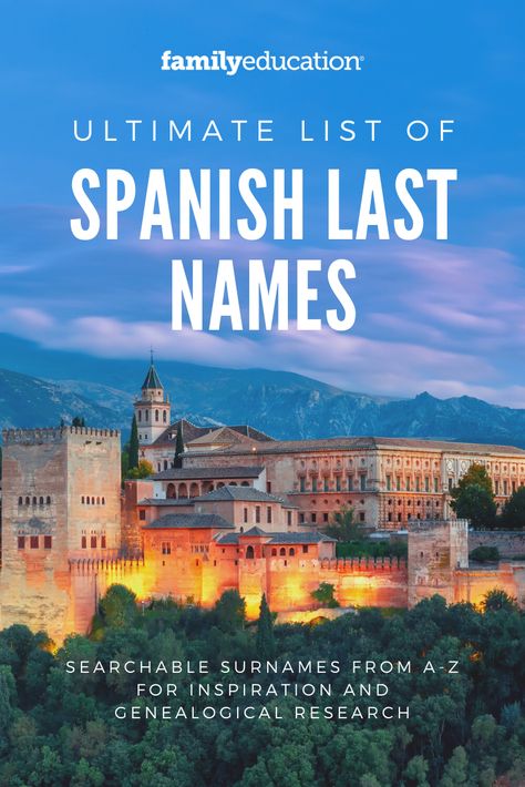 Last names of Spanish origin are derived from family names, place names, descriptive names or names of occupations. Spanish names, however, don't always follow a linear path. Find a unique baby name, set off on a geneaolgical discovery, or crete stunning book character names with this inspirational list. #lastnames #Spanishnames #babynames Mexican Last Names For Characters, Last Names Spanish, Spanish Surnames For Characters, Spanish Last Names For Characters, Mexican Surnames, Old Last Names, Hispanic Surnames, Latin Last Names, Mexican Last Names