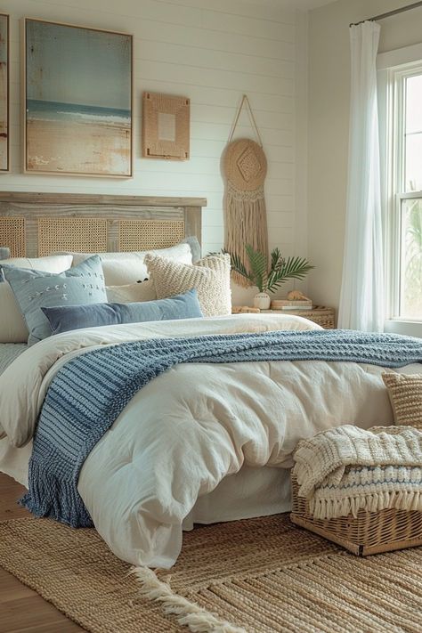 29 Boho Coastal Bedroom Ideas for a Breezy, Beachy Haven 19 Boho Chic Bedroom Blue, Bedroom Color Scheme Ideas, Boho Coastal Bedroom, Coastal Bedroom Decor, Coastal Bedroom Ideas, Color Scheme Ideas, Beachy Bedroom, Beach House Bedroom, Coastal Bedroom Decorating