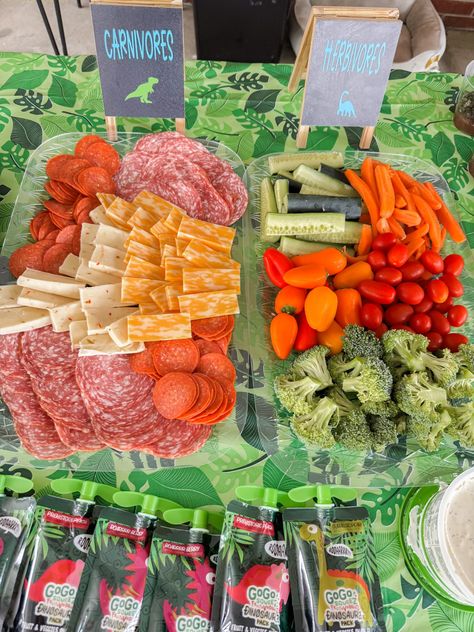 How to Throw a "Three Rex" Birthday Party - Everyday She Moms Outside Dinosaur Birthday Party, Food Ideas For Dinosaur Birthday Party, Dino Theme Birthday Party Food Ideas, Dinosaur Themed Birthday Party Ideas, Dino Two Year Old Party, Roar I’m 4 Birthday Theme, Three Rex Birthday Food, Dinosaur Themed Food Ideas, Third Dinosaur Birthday Party