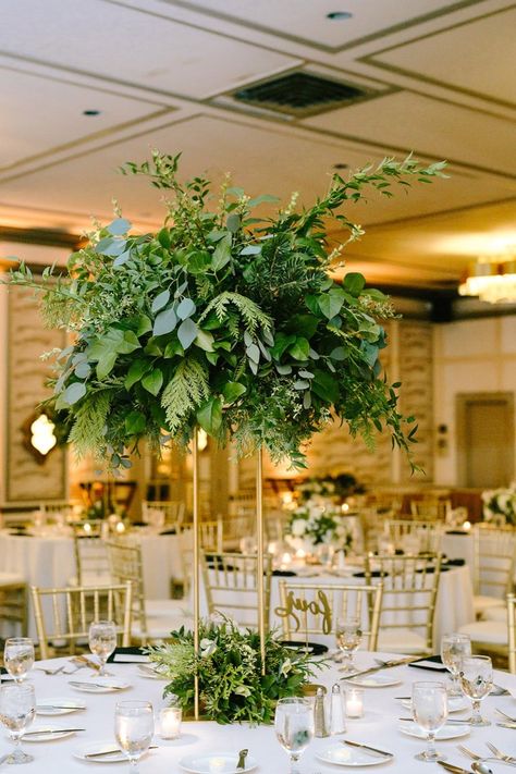 High Arrangement Tall Centerpiece, Tall Centerpieces Greenery, Greenery Wedding Florals, Greenery Arrangements Wedding, Green Wedding Arrangements, Winter Greenery Wedding, Wedding Centerpieces Tall, Flower Centerpiece Wedding, Greenery Wedding Reception