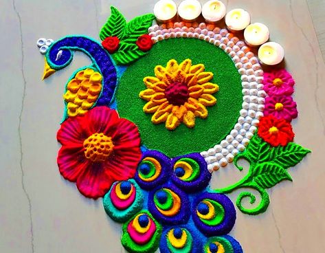 Simple Easy Small Rangoli Designs For Home Symmetrical Rangoli Designs, Rangoli Designs Of Peacock, Diwali Rangoli Peacock Designs, Rangoli Designs With Peacock, Rangoli Design Videos, Diwali Rangoli Video, Gudi Padava, Rangoli Designs Videos, Rangoli Peacock