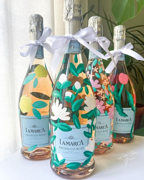 Cheers to these cutie champagne bottles! Perfect for any shower gift 🌷🍾🎀🥂 21st Painted Champagne Bottle, Birthday Champagne Bottle Painted, Customized Champagne Bottle, Bridal Shower Painted Champagne Bottle, Bridal Painted Champagne Bottle, Painted Champagne Bottle, Personalized Champagne Bottles, 21st Birthday Themes, Champagne Gift