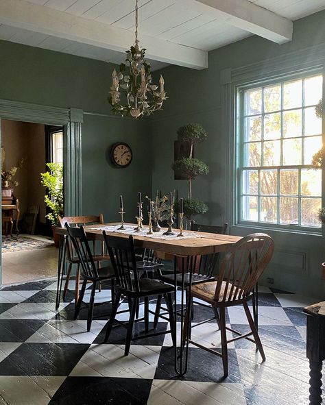 6 Greenery Scroll Stoppers 9 Painted Checkerboard Floor, Checkered Floor Kitchen, Scroll Stoppers, Black And White Dining Room, Autumn Color Palette Fashion, Checkered Floor, Checkerboard Floor, Rustic Wooden Table, Black And White Tiles