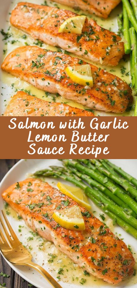 Salmon with Garlic Lemon Butter Sauce Recipe - Cheff Recipes Simple Date Night Dinner, Salmon Lemon Butter, Salmon With Lemon Butter Sauce, Salmon Sauce Recipes, Garlic Lemon Butter Sauce, Lemon Butter Salmon, Salmon With Lemon, Salmon Recipes Baked Healthy, Butter Salmon