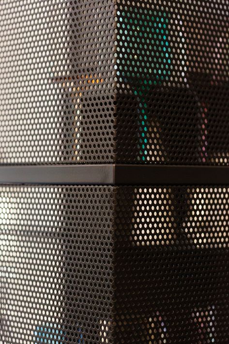 micro perforated steel painted matt black, by a3lier design, Fabrizio Fobert architect Metal Mesh Screen, Perforated Metal Panel, Perforated Steel, Steel Paint, Metal Gates, Mall Design, Expanded Metal, Wrought Iron Gates, Metal Screen