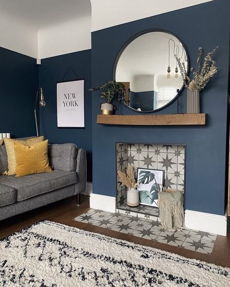 Farrow Ball Blue, Blue Accent Wall Living Room, Farrow And Ball Living Room, Blue Walls Living Room, Bold Bohemian, Dark Blue Living Room, Navy Living Rooms, Grey Sofa Living Room, Stiffkey Blue