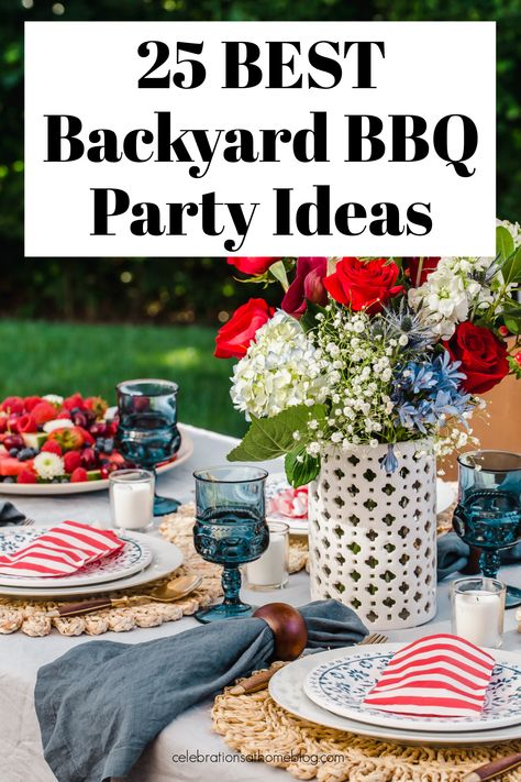 outdoor dinner party table with red and blue decoration. Backyard Bbq Party Setup Ideas, Backyard Bbq Decor, Bbq Party Ideas Decorations, Bbq Set Up Ideas, Fancy Bbq Party, Cookout Party Ideas, Backyard Cookout Party, Bbq Birthday Party Ideas, Barbeque Birthday Party