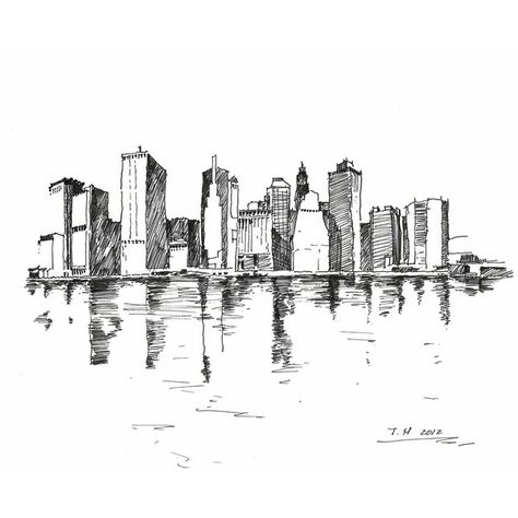 City Landscape Drawing, City Skyline Sketch, New York City Sketch, Tattoo Painting, Cityscape Drawing, City Sketch, Sketches Art, Building Illustration, New York City Skyline