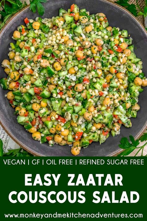 Bursting with flavor, this Easy Zaatar Couscous Salad combines couscous, chickpeas, veggies, and herbs tossed together in a zesty dressing. #wholefoodplantbased #vegan #oilfree #glutenfree #plantbased | monkeyandmekitchenadventures.com Vegan Couscous Recipes, Couscous Healthy, Monkey And Me Kitchen Adventures, Couscous Salad Recipes, Mediterranean Couscous, Monkey And Me, Oil Free Vegan Recipes, Superfood Salad, Couscous Recipes