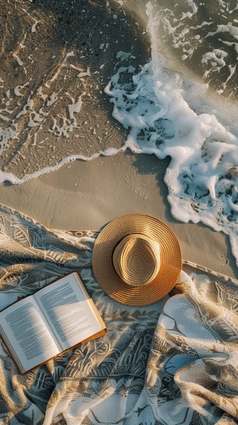 Beach Reading Escape: An open book lies beside a straw hat on a sandy beach washed by gentle waves. #beach #reading #relaxation #waves #sand #aiart #aiphoto #stockcake ⬇️ Download and 📝 Prompt 👉 https://ayr.app/l/DYGJ Cozy Beach Aesthetic, Reading Book At Beach, Book Beach Aesthetic, Book On Beach, Beach Reading Aesthetic, Summer Book Aesthetic, Books And Beach, Beach Flatlay, Book At The Beach