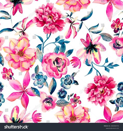 Watercolor Tropical Flowers Seamless Romantic Pattern Stock Illustration 2060484755 | Shutterstock Watercolor Allover Pattern, Vector Flower Pattern, Flower Allover Pattern, Tropical Flowers Illustration, Flower Allover, Romantic Pattern, Watercolor Tropical, Allover Pattern, Painting Flower