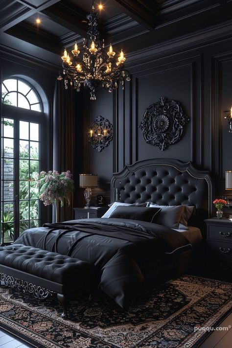 Black Bedroom Ideas for a Modern and Cozy Space - Puqqu Black Luxury Bedroom, Modern Gothic Home, Dark Romantic Bedroom, Black Bedroom Ideas, Royal Room, Black Bedroom Design, Bed Design Ideas, Background Reference, Whimsical Bedroom