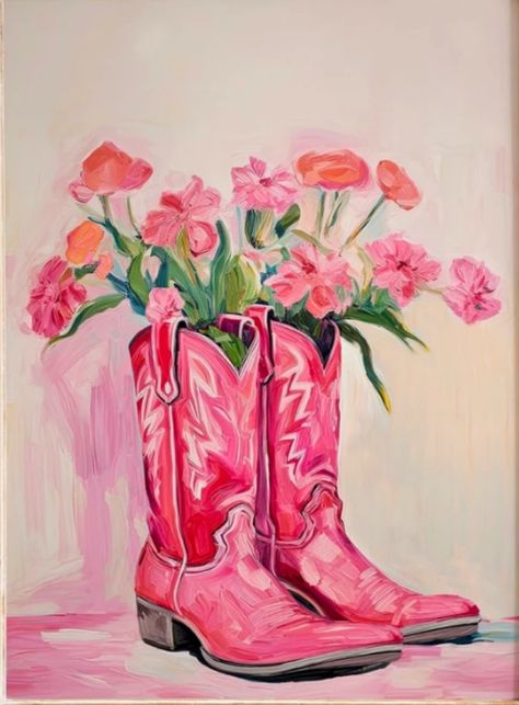 Girly Wall Prints, Aesthetic Room Painting, Cowgirl Aesthetic Drawing, Pink Country Aesthetic, Cowboy Boots Painting, Cowboy Boot Painting, Cowboy Boot With Flowers, Cowgirl Boots Painting, Cowboy Boot With Flowers Drawing