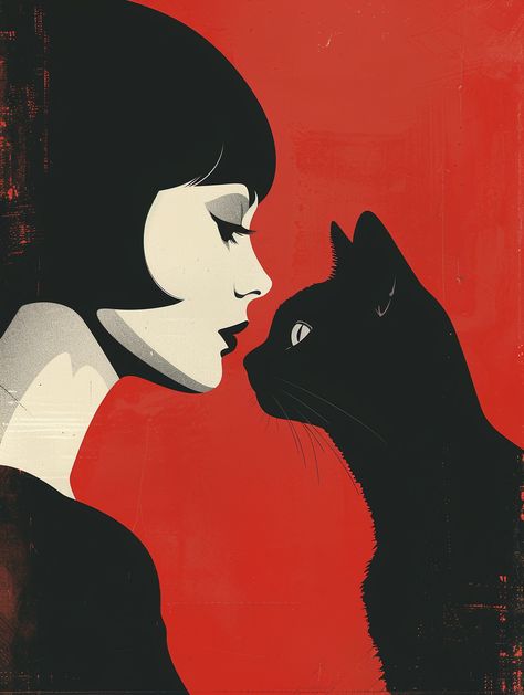 #RetroPoster #Minimalist #BlackCat #WomanWithShortHair #RedColorDetails #GeometricShapes #3:4AspectRatio #TheCandie Cat Art Minimalist, Cat And Woman Art, Trafard Print Ideas, Poster Color Illustration, Cat Profile Illustration, Cat Woman And Black Cat, Black Cat Art Cute, Red And Black Drawings, Cat Woman Painting