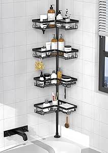 KEGII Corner Shower Caddy Tension Pole - Shower Tension Rod Organizer, Floor to Ceiling Shower Caddy 25-114.2 inch, Towel Rack Corner Waterproof, Black Bathroom Corner Storage, Shower Corner Shelf, Shower Tower, Corner Shower Caddy, Shower Storage, Shower Organization, Shower Basket, Corner Storage, Tension Rod