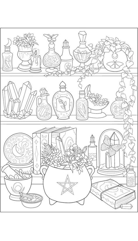 Witchy Coloring Pages Simple, Witchy Shelf Drawing, Witchcraft Coloring Pages Free Printable, Witchy Colouring Pages, Free Witchy Coloring Pages, Fairycore Coloring Pages, Coloring Book Art Aesthetic, Witch Colouring Pages, Witchy Coloring Pages Free Printable