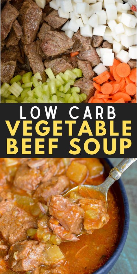 This healthy Vegetable Beef Soup is the ultimate comfort food! Enjoy a big, delicious bowl for less than 6 net carbs each! Beef Soup Crockpot, Veg Beef Soup, Beef Veggie Soup, Vegetable Soup Crock Pot, Low Carb Vegetable Soup, Veggie Soup Recipes, Vegetable Soup Healthy, Beef Soup Recipes, Veg Soup