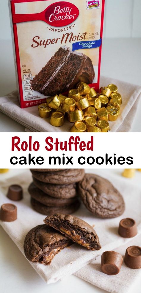 Rolo Cookies Recipe, Rollo Cookies, Rolo Cake, Stuffed Cake, Rolo Cookies, Cake Box Cookies, Chocolate Cake Mix Cookies, Cake Batter Cookies, Chocolate Cake Cookies