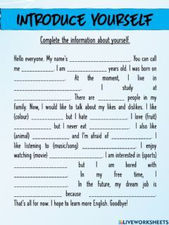 Introduce yoursekf Language: English Grade/level: low proficiency School subject: English as a Second Language (ESL) Main content: Introducing yourself Other contents: Introduce Yourself In School, Introduce Myself Ideas Student, Introduction Of Myself For School, How To Introduce Yourself In School, Introduce Yourself Ideas School, Introduce Myself Ideas, Introduce Yourself Ideas, Introducing Myself Ideas, Teacher Observation Form