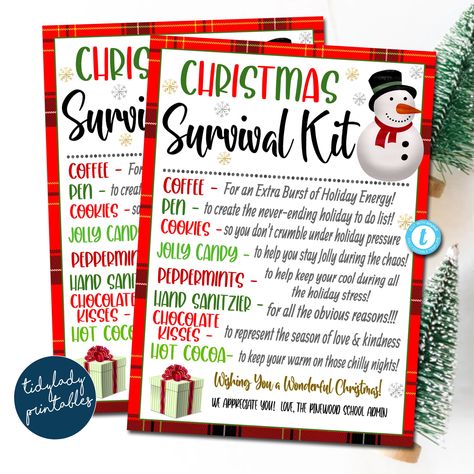 "Christmas Survival Kit Gift Tags! ** All Text is editable so you can make it read what you wish! You can personalize as many holiday survival kit printable cards as you need. MAKES FOR AMAZING HOLIDAY GIFTS!! TEMPLATE FORMATTED SIZES: size of individual card is 3.25\" x 4.5\" - 4 print per sheet Full Editing Options With Templett.com TRY BEFORE YOU BUY! Copy and paste the demo link below: https://templett.com/design/demo/TidyLady19/24008314 IMPORTANT: This is a DIY self-editing digital, printab Fun Survival Kit Ideas, Holiday Employee Appreciation, Christmas Survival Kit Gift, Christmas Morale Boosters At Work, Holiday Survival Kit For Coworkers, Work Survival Kit Ideas, Christmas Survival Kit Ideas, Christmas Staff Appreciation Ideas, Staff Holiday Gift Ideas