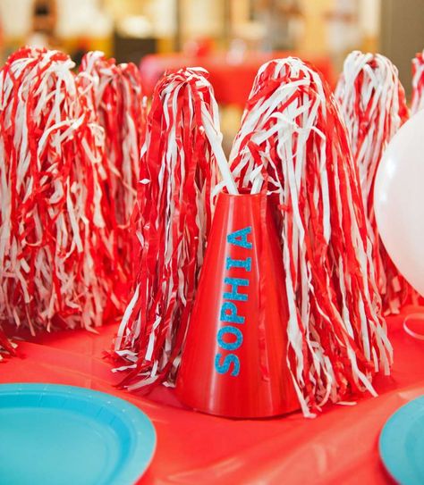 Cheerleading Birthday Party | CatchMyParty.com Cheerleading Party Decorations, Cheerleader Birthday Party, Cheerleading Birthday, Cheer Birthday Party, Spirit Stick, Cheerleader Birthday, Kids Sports Party, Cheerleading Party, Cheer Banquet