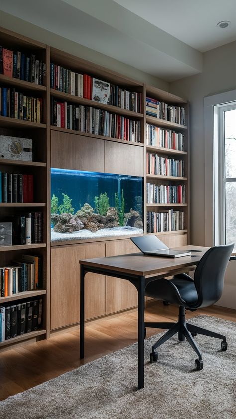 Efficient Home Office Aquarium Designs Home Office With Fish Tank, Office With Fish Tank, Aquarium At Home, Aquarium Living Room, Fish Tank In Office, Home Office Aquarium, Aquarium Furniture Ideas, Aquarium Interior Design, Fish Tank On Bookshelf