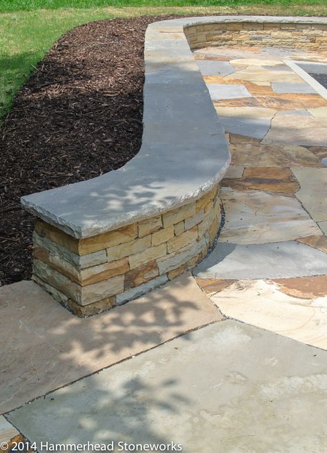 Backyard Retaining Walls, Patio Pavers Design, Sloped Backyard, Landscaping Retaining Walls, Patio Deck Designs, Flagstone Patio, Backyard Renovations, Stone Bench, Patio Wall