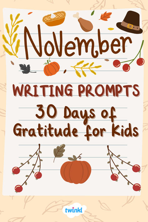 veryone can use a gratitude reset! With Thanksgiving approaching, November is a perfect time to teach children about how and why to be thankful. Through 30 days of gratitude writing prompts, your students will explore how they can be thankful for things in each aspect of their lives. November Daily Gratitude, Thankful November Challenge Kids, Grateful Kids Activities, November Writing Prompts For Kids, Gratitude Journal Prompts For Kids, November Thankful Challenge For Kids, Gratitude Prompts For Kids, Thankful Bible Lesson For Kids, Kids Gratitude Activity