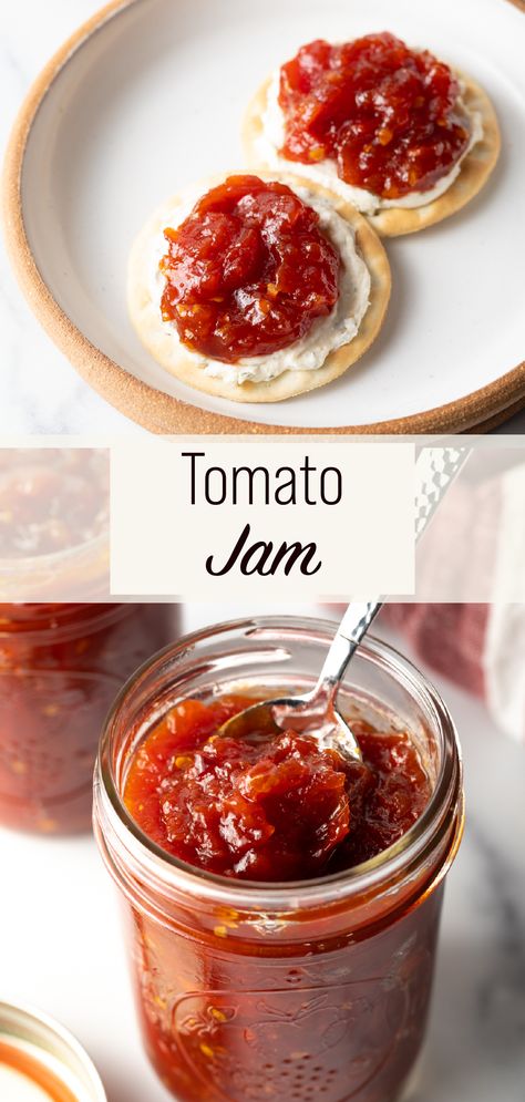 Old-Fashioned Tomato Jam – This easy jam recipe makes the best tangy, sweet, and savory jam with tomatoes! It can be prepared as a tomato freezer jam or for canning, and is terrific to spread on sandwiches or serve as a dip. Sweet And Spicy Tomato Jam, Tomato Jam Recipe Crockpot, Freezer Tomato Jam, Canning Grape Tomatoes, Tomato Butter Recipe, Tomato Jelly, Easy Jam Recipe, Tomato Jam Recipe, Savory Jam