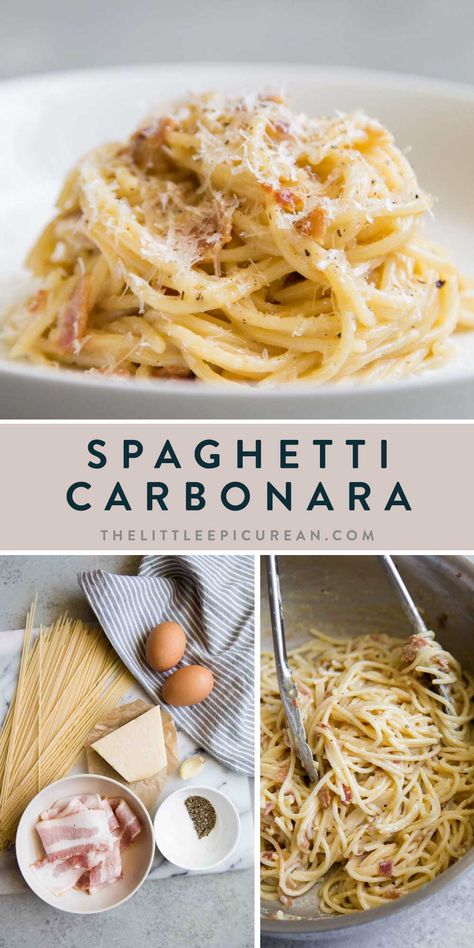 This spaghetti carbonara uses a handful of staple ingredients. It is quite possibly the easiest pasta dish to make!  Traditional carbonara is made from egg, hard cheese, and guanciale. There are numerous variations on this classic Roman pasta dish. This is my quick and easy, get dinner on the table in less than 20 minutes version. Carbonara Recept, Pasta Alla Carbonara, Pasta Carbonara Recipe, Carbonara Recipe, Easy Pasta Dishes, Pasta Carbonara, Carbonara Pasta, Spaghetti Carbonara, Recipes Pasta