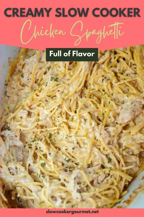 Cheesy spaghetti dishes are staple features at family dinners, potlucks, and other gatherings for good reason! A generous serving of this simple yet oh-so-tasty Creamy Slow Cooker Chicken Spaghetti will bring you comfort in culinary form and will have everyone asking for seconds. The flavor in this warm bowl of pasta, shredded chicken, and luscious sauce is hard to match! Slow Cooker Chicken Spaghetti Recipe, Slow Cooker Chicken Spaghetti, Chicken Spaghetti Recipe Crockpot, Spaghetti Dishes, Crockpot Chicken Spaghetti, Creamy Spaghetti, Cheesy Spaghetti, Cheesy Chicken Spaghetti, Slow Cooker Creamy Chicken