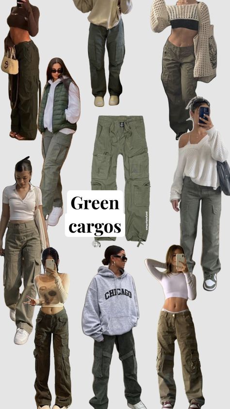 #green #cargos #fashion #fashioninspo #outfitinspo #outfit #clothes #clothescollage #inspo #fashionboard Outfit Inspo With Green Cargo Pants, Aesthetic Clothes Cargo Pants, Green Cargo Fall Outfit, Cool Cargo Pants Outfits, Cute Green Cargo Pants Outfits, Green Cargo Style, Fit With Cargo Pants, Green Pants Ideas Outfit, Grey Army Cargo Pants Outfit