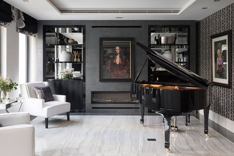 Home Piano Bar Lounge, Piano And Bar Room, Grand Piano Study Room, Music Room Grand Piano, Piano Lounge Interior Design, Music Room With Grand Piano, Elegant Piano Room, Piano In A Room, Study Room With Piano